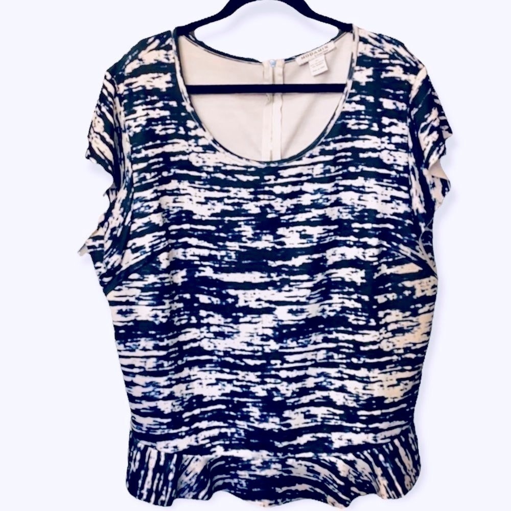 Modamix by Brandon Thomas Abstract Peplum Blouse Raw Edges Zipper Back 3X EUC